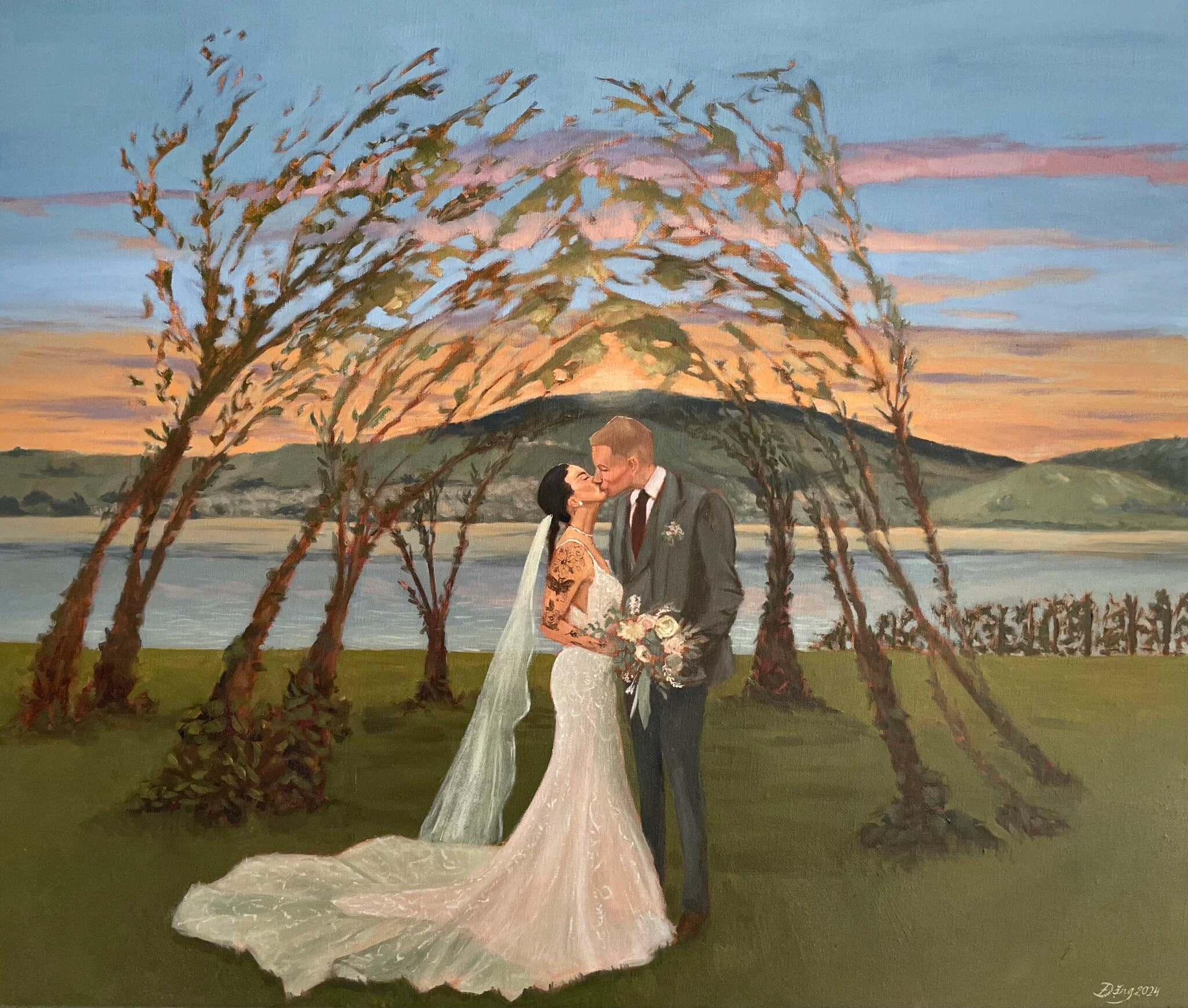 Live wedding painting of a couple’s first kiss at Moschti Stäfa on Lake Zurich